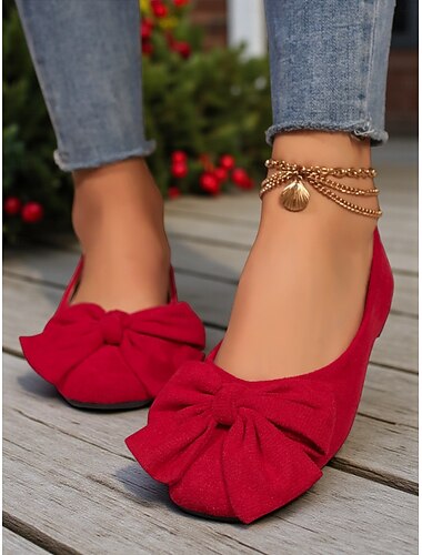  Rode ballerina's voor dames met grote strik - elegante vierkante neusschoenen voor feestjes, kerst en alledaagse outfits