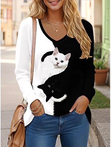  Dames T-shirt Lange Mouwen Graphic Dier Kat Vintage Stijlvol Klassiek Lange Mouwen V Hals Reguliere Tops Dagelijkse Print Zwart Lente Herfst Pre-herfst