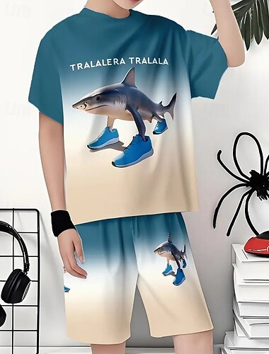  Set di pantaloncini a maniche corte con stampa di squalo italiano Brainrot, per ragazzi, traspiranti, versatili, primavera/estate, maglietta con lettere dei cartoni animati, casual, girocollo, manica