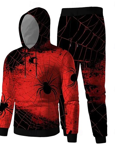  Mäns Spindlar 2 delar 3D Sweatshirt Set Tracksuit Huvtröja Sweatshirt Långärmad Långa byxor Huvud Casual Daglig Street Athleisure 3D Tryck Vår Höst Vinter Röd