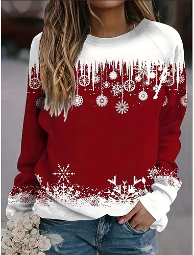  Γυναικεία Pullover Γραφική Χιονονιφάδα Καθημερινό Μακρυμάνικο Στρογγυλή Ψηλή Λαιμόκοψη Κανονικά μπλουζάκια Causal Ρουμπίνι Άνοιξη Φθινόπωρο Χειμώνας