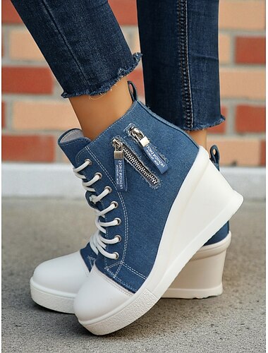  sneakers da donna in denim con zeppa, allacciatura frontale e cerniera laterale, scarpe casual alte con plateau per l'uso quotidiano