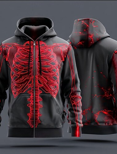  Halloween Per uomo 3D Scheletro Felpa con Cappuccio Felpa Punk Cool Girocollo Feste Regalo Abbigliamento casual alla moda azzurro cielo Rosso Coulisse Cerniera Autunno Inverno progettista