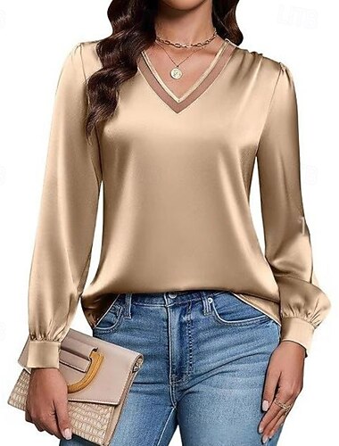  Per donna Camicia Blusa Semplice Moderno Casual Manica Lunga Scollo a V Top Regolari Quotidiano Ferie Patchwork Nero Blu Marrone Cachi Autunno
