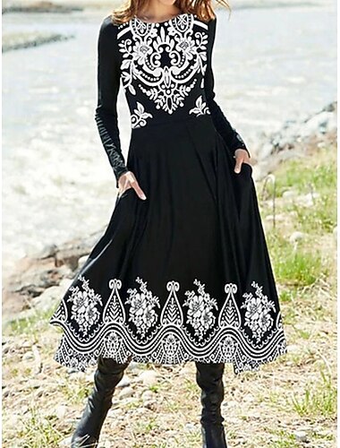  Damen Midikleid A Linie Kleid Figurbetontes Kleid Urlaub Lässig Täglich Normale Passform Grafik Geometrisch Langarm Rundhalsausschnitt Schwarz Weiß Rote Blau Sommer Frühling Herbst Winter