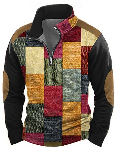  Per uomo Geometrico Plaid Felpa Casual Manica Lunga Collo Alto Vacanza Abbigliamento casual alla moda Rosso Blu Cerniera Zip a un quarto Autunno Inverno progettista