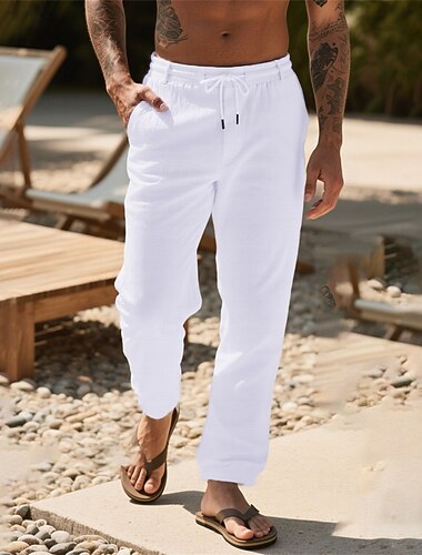  Herr Linne Byxor Långbyxor Sommarbyxor Strandbyxor Snörning Ficka Elastisk midja Slät Komfort Andningsfunktion Semester Dagligen Helgdag Hawaiisk Boho 다크 카키 Svart