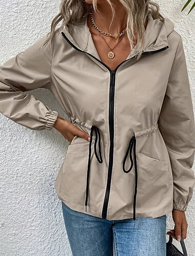  Per donna Giacca con Cappuccio Caldo Confortevole Coulisse Cerniera Tasca Casual Semplice Uscire Weekend Cerniera Regolare Con Cappuccio Vestibilità regolare Manica Lunga Capispalla Nero Cachi Grigio