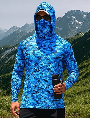  Per uomo Camicia da escursionismo Camicia da pesca Maglietta con protezione UV Manica Lunga Con Cappuccio Top Esterno Protezione Solare UV Traspirante Poliestere Mimetico Blu Pesca Viaggio Corsa