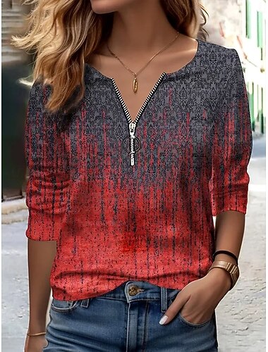  Жен. Футболка Омбре Графика Абстракция Элегантный стиль Винтаж Стиль Длинный рукав V-образный вырез Круглый вырез Зубчатая шея Обычные топы Повседневные выходные Молния С принтом Винный