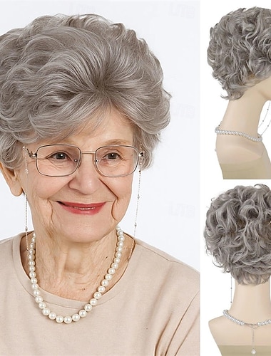  Korte pixie-frisyrer for eldre kvinner sølvgrå lagdelt hårparykk med lugg syntetisk bølget krøllete parykker for eldre damer daglig fest bestemor