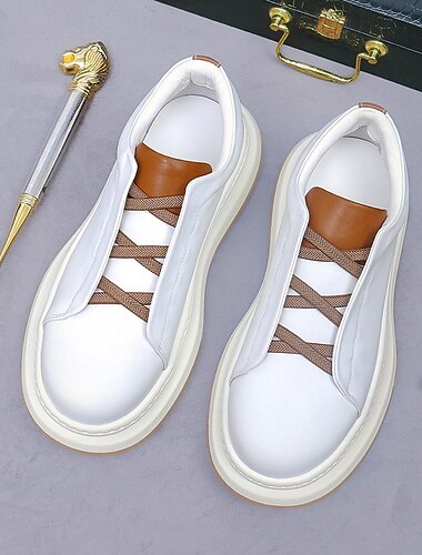  Heren instapsneakers - casual lage schoenen van imitatieleer met elastisch ontwerp zonder veters, contrasterende bruine accenten en een dikke zool voor urban streetwear, reizen en modieuze alledaagse