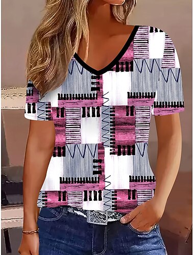  בגדי ריקוד נשים חולצה קצרה גראפי גיאומטרי משובץ בוהמיה וינטאג' מסוגנן שרוולים קצרים צווארון V חולצות רגילות יומי ליציאה סוף שבוע דפוס ורוד ורד קיץ אביב סתיו