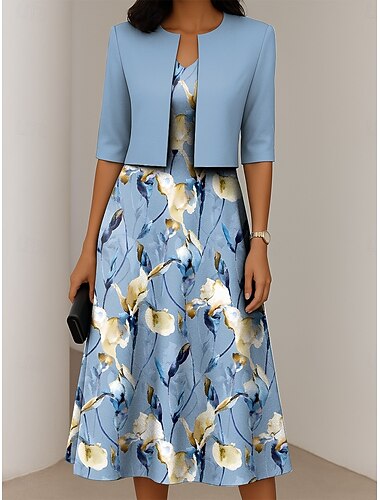  Women's Dress Set A Line Dress Elegant Casual Floral Graphic Print Midi Dress Half Sleeve Crew Neck Formal Vacation Blue Purple Dark Blue Summer Spring Regular Fit