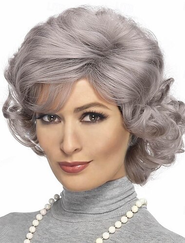  Perruque de vieille dame pour costume d'Halloween pour femme, perruque de grand-mère avec raie sur le côté, cheveux synthétiques pour grand-mère pour costume de fête quotidien