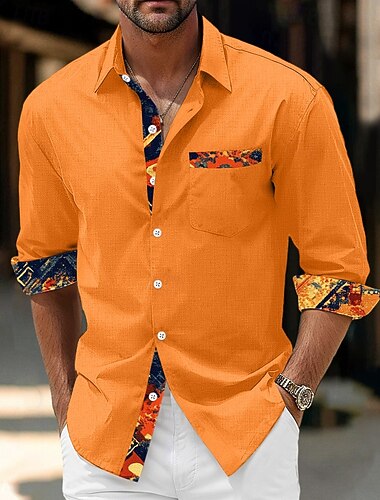  Per uomo Camicia Camicia di lino Grafico Vacanza Casuale Nero Giallo Blu marino Arancione Manica Lunga Collo ripiegato Estate Primavera Abbigliamento Patchwork