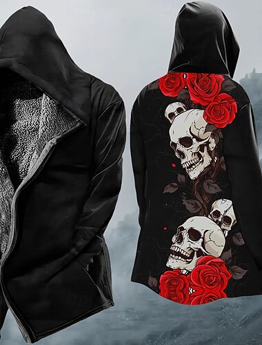  Halloween Herre Tøffe hodeskaller Rose Vinterfrakk Fleece-jakke Frakk Hold Varm Bekvem Fritid Dagligdagstøy Glidelås Lomme 3D-utskrift Høst Vinter Med hette Langermet Rød Blå Lilla