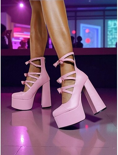  Dámské růžové lodičky na platformě s vysokým podpatkem, robustní blokové podpatky s mašlí, sexy párty boty na noční život a do klubu
