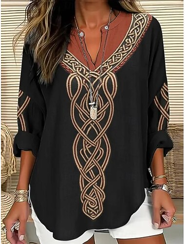  Per donna Camicia Geometrico Quotidiano Retrò Vintage Manica Lunga Scollo a V Top Regolari Quotidiano Ferie Stampato Giallo Estate Primavera Autunno
