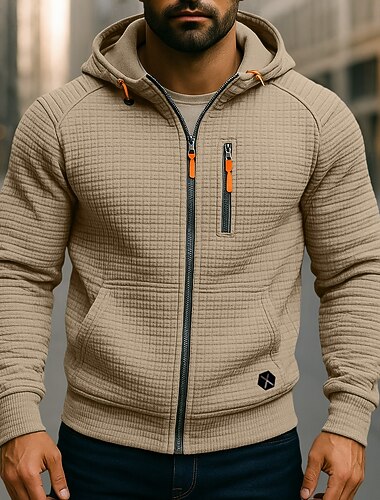  Hombre Sudadera Sudadera con cremallera Negro Caqui Gris Con Capucha Plano Cerrar Bolsillo delantero Con Texturas Deporte Casual Diario Ropa de calle Fresco Ropa deportiva Primavera & Otoño Ropa