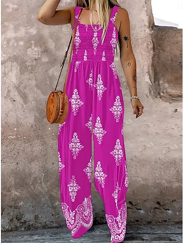  Dam Vanligt Jumpsuits Aktiv Blommig Ärmlös Fyrkantig hals Ficka Hög midja Semester Dagligen Normal Svart Blå Fuchsia Sommar
