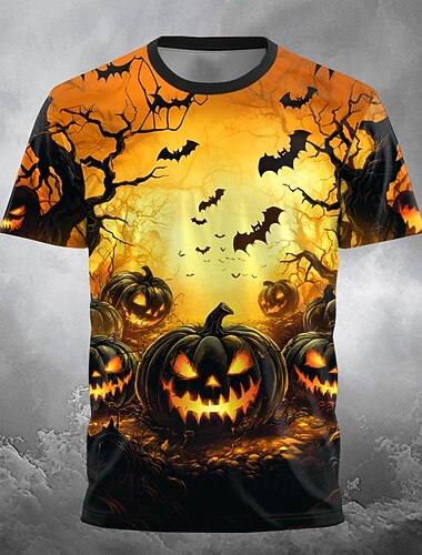  Halloween Herren Optische Täuschung Kürbis 3D T-Shirt Kurzarm T-Shirt 3D Druck Rundhalsausschnitt Shirt Übertrieben Designer Horror Party Street Urlaub Orange 3 Orange Orange 2 Sommer Frühling