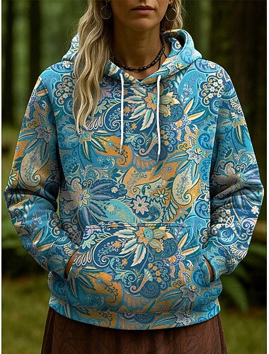  Dam Pullover Hoodie Sweatshirt Blommig Grafisk Paisley Ledigt Långärmad Huva Vanliga toppar Festkvällskläder Gata Vardag Rodnande Rosa Blå Orange Grön Vår Höst Vinter