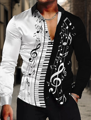  Per uomo Note musicali Camicia Camicia con bottoni Manica lunga Informale Formale Estate Primavera Autunno Collo ripiegabile Bottoni Stampa Bianco Blu Viola Albicocca