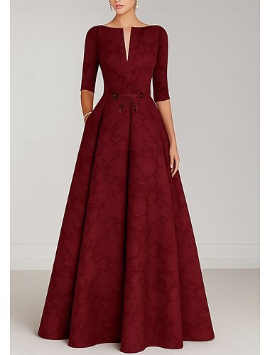  Burgunderblaues A-Linien-Abendkleid, elegantes Kleid, formelle Hochzeit, bodenlang, halbe Ärmel, V-Ausschnitt, Tasche, Satin mit Schleife(n), Riemchen, 2025