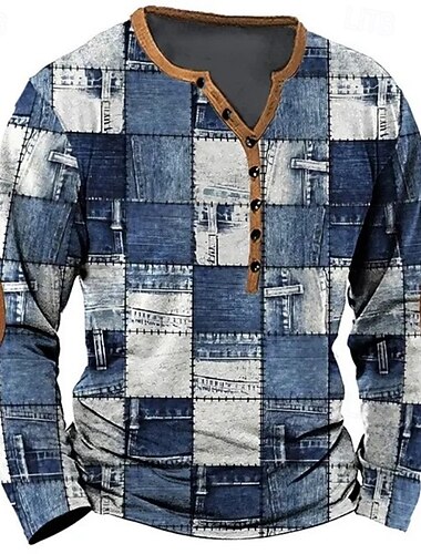  男性用 幾何学模様 パッチワーク Tシャツ ヘンリーシャツ 長袖 ヴィンテージ デザイナー スタイリッシュ アウトドア カジュアル 日常 春夏 オールシーズン ブルー ブルー ブラウン グリーン グレー ヘンリー ヘンリーTシャツ