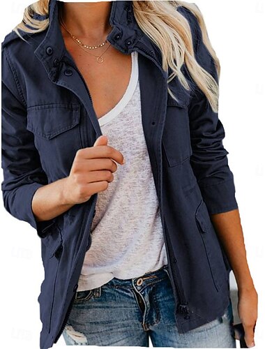  Mujer Chaqueta casual Cómodo Transpirable Cremallera Bolsillo Moda Casual Plano Vacaciones Calle Casual Ropa Cotidiana Cremallera Regular Escote Chino Ajuste regular Manga Larga Ropa de calle Negro