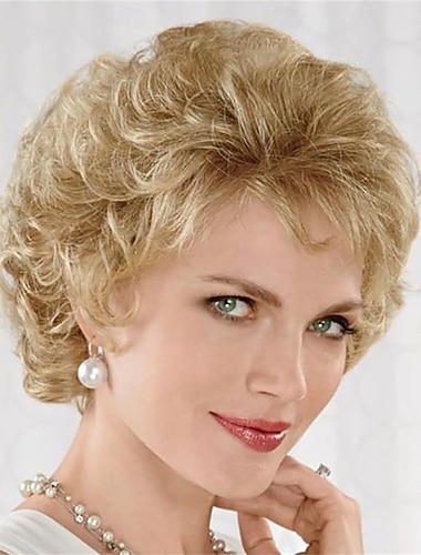  Korta fluffiga blonda peruker för kvinnor naturligt utseende syntetiskt kort lockigt cosplay-peruk