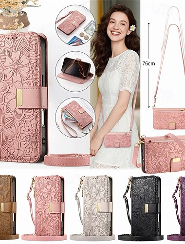  puhelin Etui Käyttötarkoitus iPhone 16 15 14 Pro Max Plus 16e 13 Pro Max Lompakkokorttikotelo Läppäkotelo Vetoketju Lanyardin kanssa rannehihnalla Puu Kukka TPU PU-nahka
