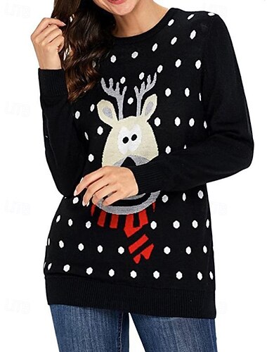  女性用 ニット プルオーバー カジュアル クリスマスのトナカイ リブ クルーネック ニット プリント 長袖 レギュラートップス ニット クリスマス 日常 祝日 ブラック 冬