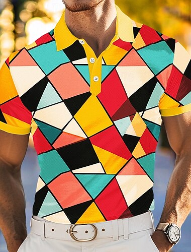 Homens Pólo Férias Rua Aberto para a Lateral Manga Curta Férias Geométrica Bloco de cor Botões Verão Primavera Normal Marron Amarelo Verde Roxo Pólo   Homens Pólo Férias Rua Aberto para a Lateral Manga Curta Férias Geométrica Bloco de cor Botões Verão Primavera Normal Marron Amarelo Verde Roxo Pólo