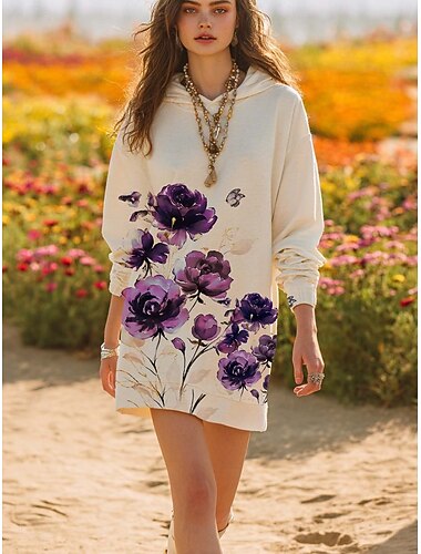  Dámské mikinové šaty minišaty volné šaty ležérní boho školní outdoor domácí standardní střih květinový vzor s dlouhým rukávem s kapucí červená fialová oranžová jaro podzim zima