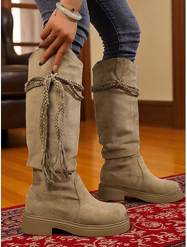  Dames Laarzen Slouchy laarzen Dagelijks Kniehoge laarzen Kwastje Lage hak Vierkante Teen Bohemen Casual Imitatiesuède Leegloper Khaki