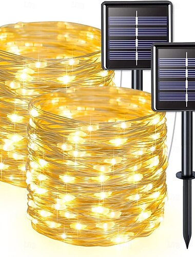  2 قطعة 10 متر/33 قدم 100 خرزة ليد خارجية مقاومة للماء IP44 سلسلة أضواء خرافية تعمل بالطاقة الشمسية للهالوين والكريسماس وحفلات الزفاف وعيد الحب والفناء والحديقة والديكورات الاحتفالية وإضاءة الأسلاك