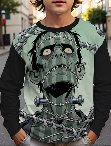 ハロウィーン 男の子 3D スカル Tシャツ Ｔシャツ 長袖 春 秋 ファッション ベーシック 子供 4〜12年 クルーネック アウトドア カジュアル 日常 レギュラー