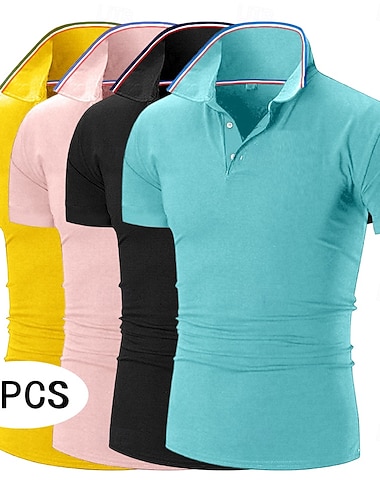  4 st. herr golftröja piké pikétröja business casual ribbad pikékrage kortärmad mode grundläggande enfärgad knappar 4-delad sommar vår &höst alla årstider smal passform blå svart gplf piké