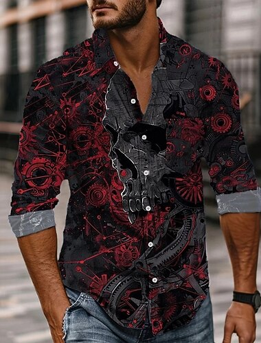  Homme Crâne Jour des Morts Rose Chemise Chemise Boutonnée manche longue Style gothique sombre Fête Printemps Automne Col Rabattu Impression 3D chemises à col Une poche avant Rouge Bleu de minuit