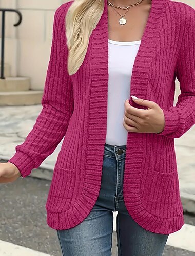  Damen Strickjacke Lässig Einfarbig Gerippt V Ausschnitt Tasche Gestrickt Langarm Normale Oberteile Stricken Ferien Wochenende Fuchsie Herbst