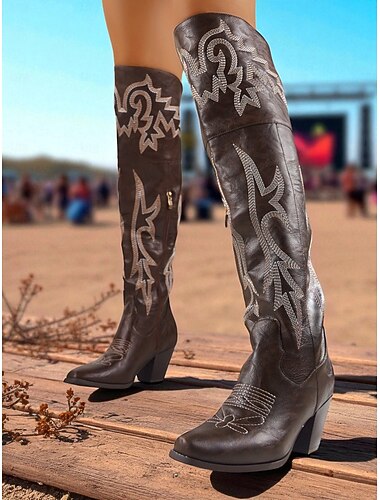  Bottes western marron au-dessus du genou pour femmes - Bottes de cowboy brodées en similicuir avec bout pointu et talon bloc pour le style urbain, les tenues décontractées d'automne et d'hiver et les
