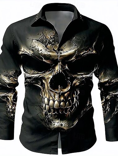 Halloween Herren Schädel Tod Hemd Button Up Hemd Langarm Dunkel Punk Gothik Stil Draußen Urlaub Sommer Frühling Umgeschlagen 3D Druck Kragenhemden Schwarz