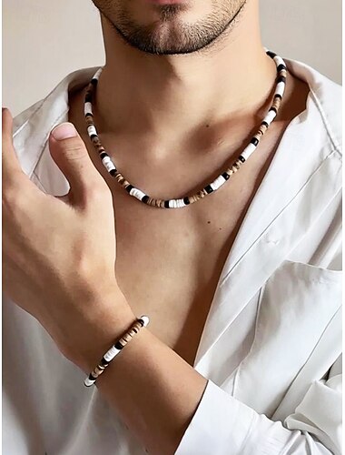  set di collana e bracciale in perline in stile bohémien da uomo: gioielli con perline di legno bianche, nere e marroni per la spiaggia, abbigliamento casual e feste estive