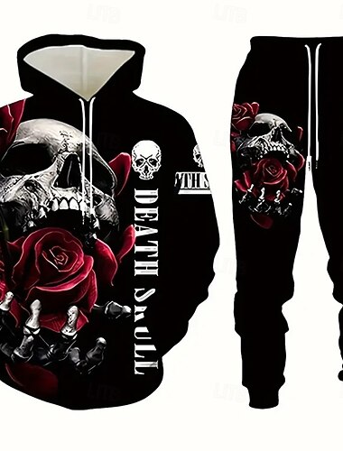  Halloween Miesten Pääkallot 2kpl 3D-hupparisarjat Verryttelypuku Huppari Pitkähihainen Pitkät housut Hupullinen Rento arki Urheilu- ja treenivaatteet 3D-tulostus Kevät Syksy Talvi Punastuvan