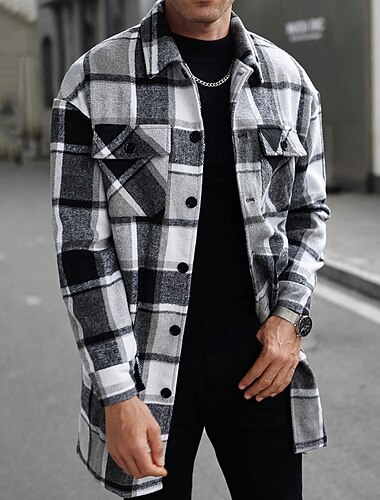  Per uomo Giacca-camicia Giacca camicia Giacca invernale Plaid Vacanza Abbigliamento quotidiano Nero Vino Arancione Cachi Manica Lunga Bavero Autunno Inverno Abbigliamento Tasca