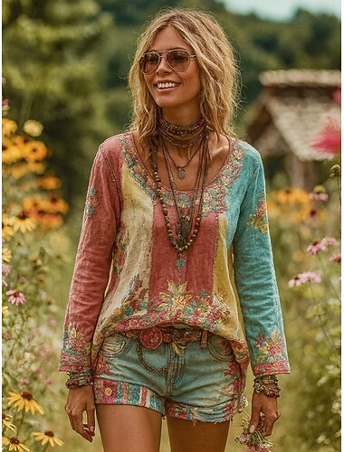  Vrouwen T-shirt Lange Mouw Graphic Planten Bohemia Vintage Stijlvol Lange Mouw Ronde Hals Reguliere Tops Dagelijks Weekend Print Geel Roze Lente Prefall