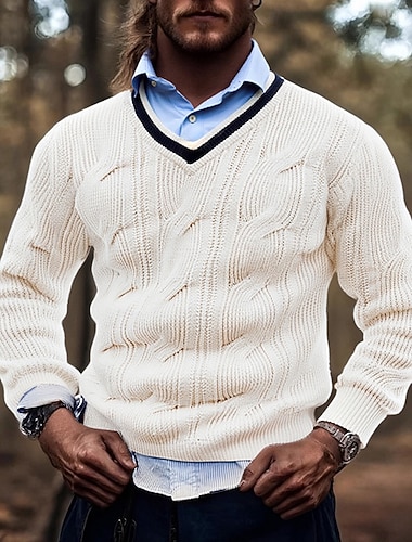  Voor heren Trui Gebreide trui Geribd breien Normale tops Gebreid Effen V-hals Modieus Basic Vakantie Alledaagse kleding Kleding Herfst Winter Zwart Wit M L XL