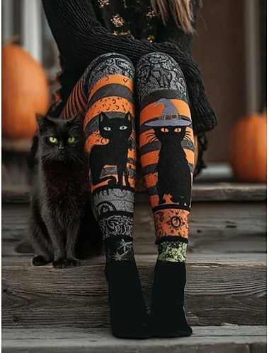  Dame Leggings Ferie Årgang Mote Full lengde Høy MidjePantsHalloween Grafisk Hodeskaller Katt Printer Myk Pustende Elastisk utendørs Feriereise Gate Mørkegrå Lysegrå Oransje Sommer Vår Høst Vinter